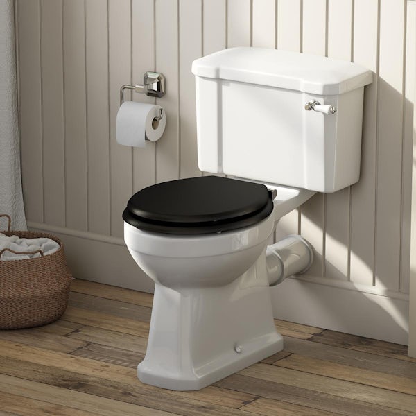 The Bath Co. Camberley close coupled toilet with wooden soft close seat black