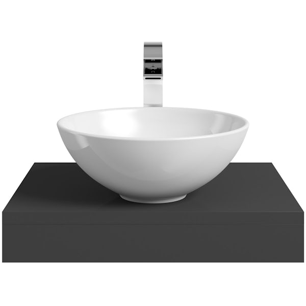 Mode Orion slate gloss grey countertop shelf 600mm with Derwent countertop basin, tap and waste