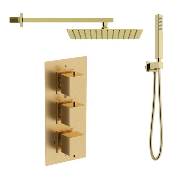 Mode brushed brass square wall shower, handset and thermostatic triple valve set
