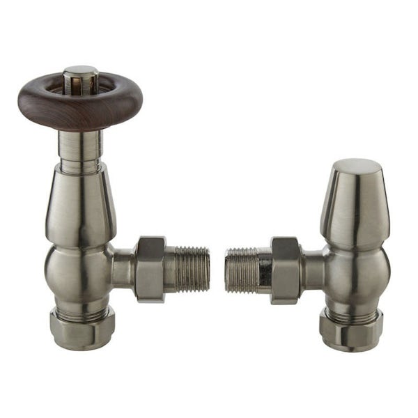 The Heating Co. Traditional thermostatic angled radiator valves with lockshield - satin nickel