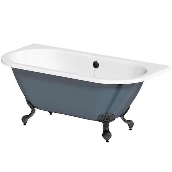 The Bath Co. Dalston province blue back to wall freestanding bath with matt black ball and claw feet