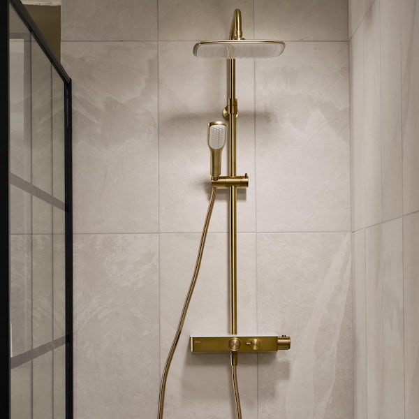 Triton push button dual outlet brushed brass thermostatic shower