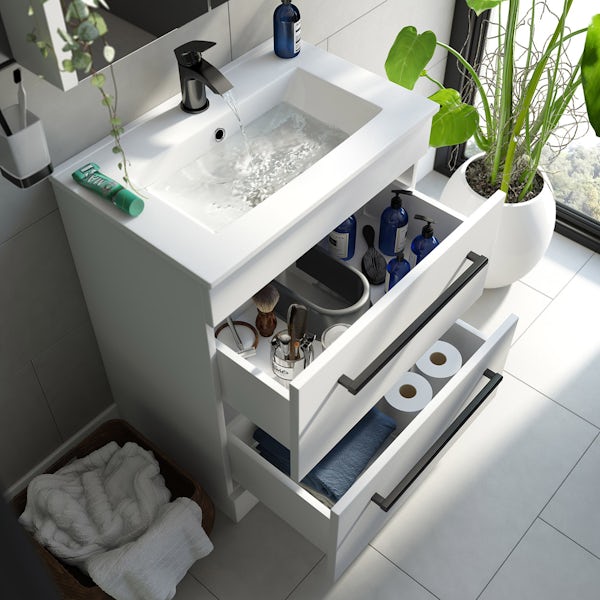 Orchard Derwent white floorstanding vanity drawer unit and ceramic basin 600mm with black handle, tap & waste