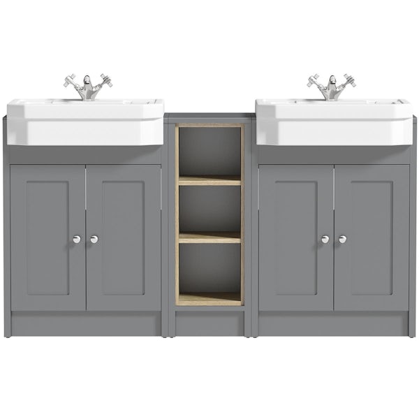 Orchard Dulwich stone grey floorstanding double vanity unit and Eton basin with open storage