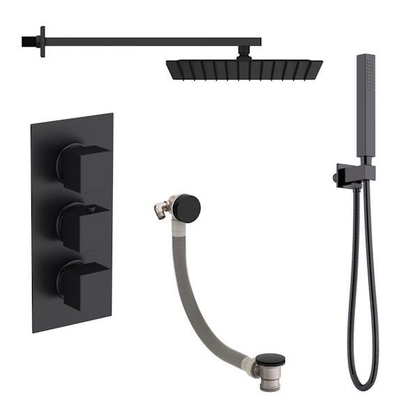 Orchard matt black square wall shower, handset and thermostatic triple valve set with bath filler set