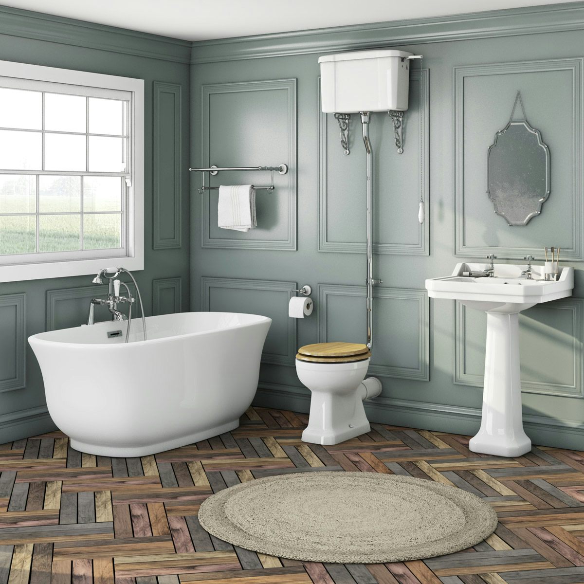 The Bath Co. Camberley high level freestanding bath suite with oak effect seat