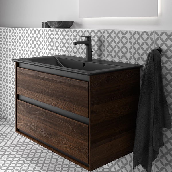 Ideal Standard Connect Air 2 drawer vanity with silk black 1 tap hole basin 840mm