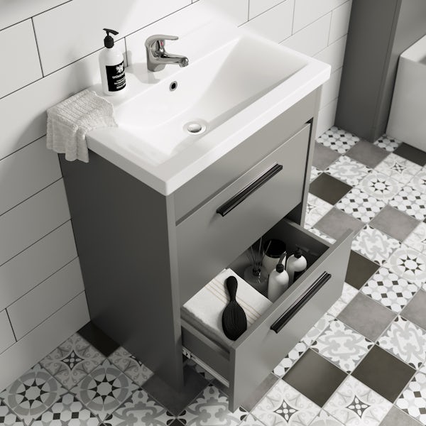 Clarity Compact white floorstanding vanity unit with black handle and basin 410mm