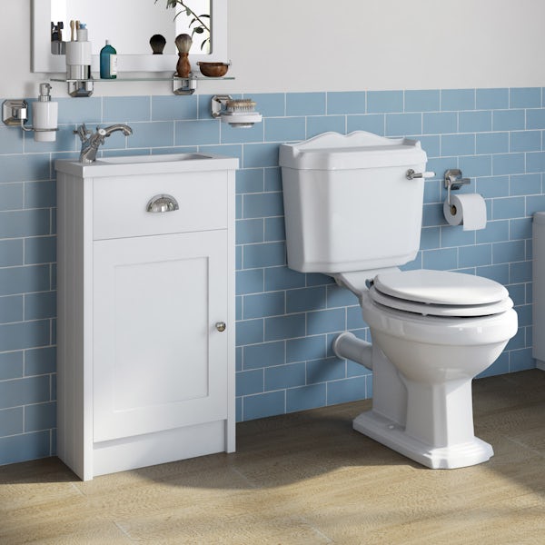 The Bath Co. Dulwich matt white cloakroom unit and traditional close coupled toilet with white wooden seat