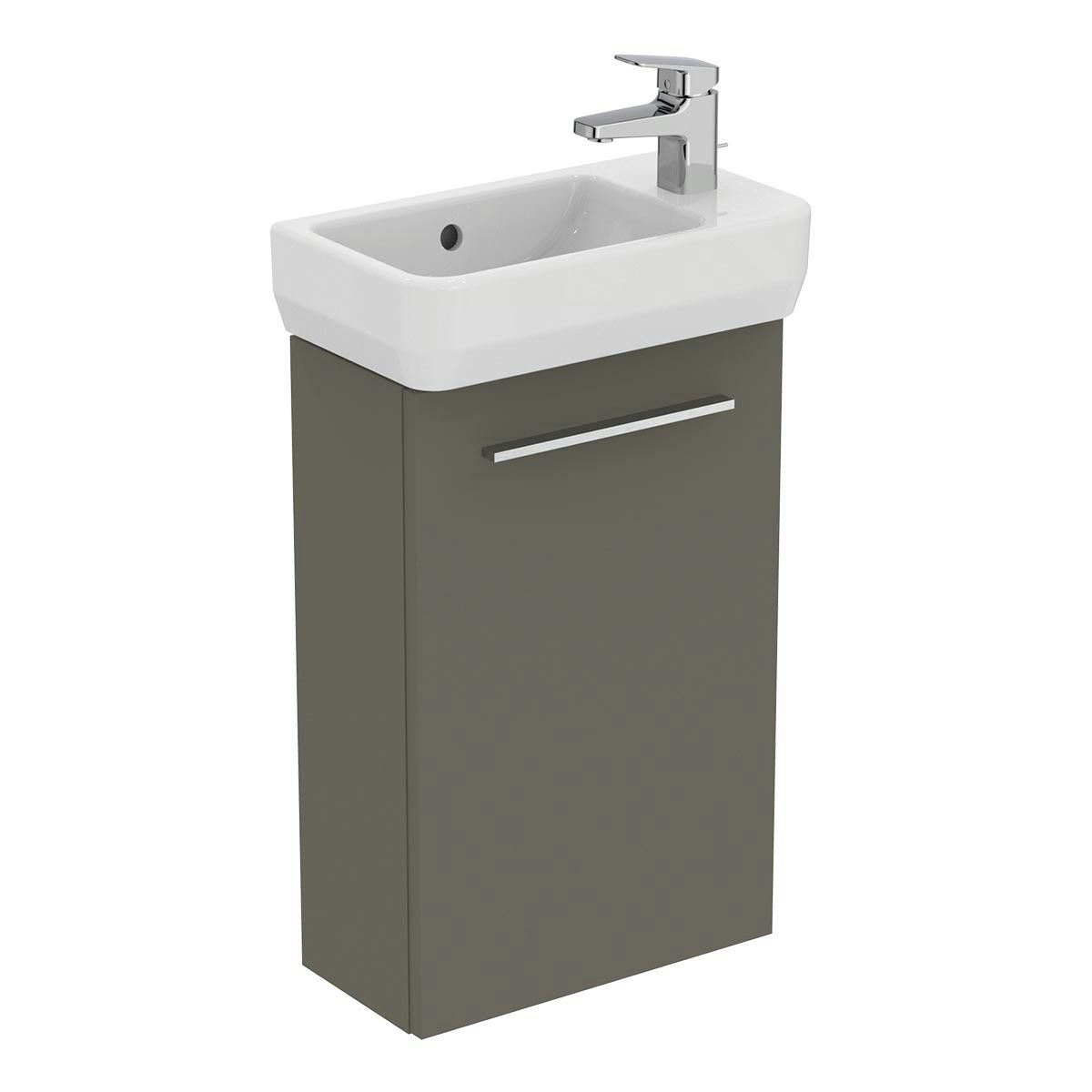 Ideal Standard i.life S quartz grey matt compact basin unit with 1 door and brushed chrome handle 410mm