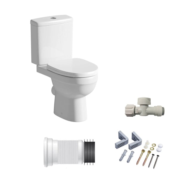 Energy close coupled toilet with soft close toilet seat and fittings pack