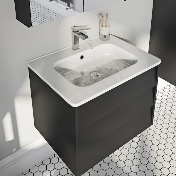 Mode Cooper anthracite black wall hung vanity unit and ceramic basin 600mm