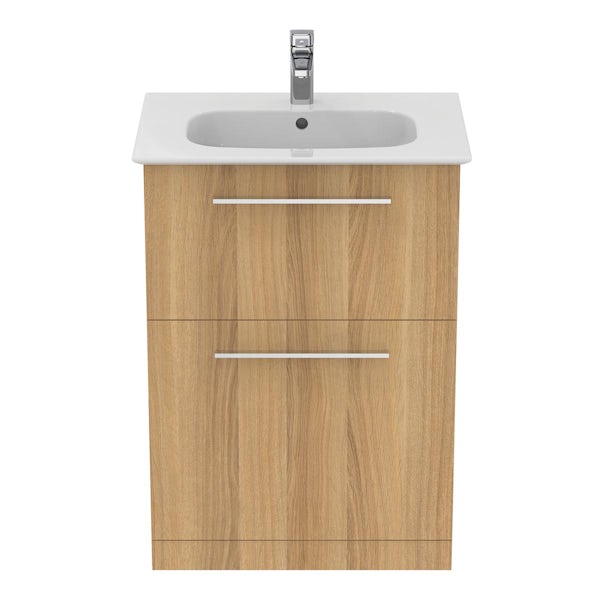 Ideal Standard i.life A natural oak floorstanding vanity unit with 2 drawers and brushed chrome handles 640mm