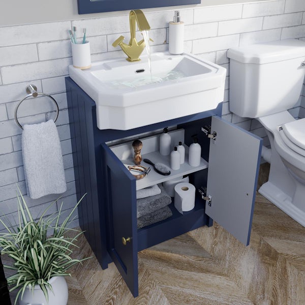 Orchard Dulwich navy floorstanding vanity unit and Eton semi recessed basin 600mm - brushed brass