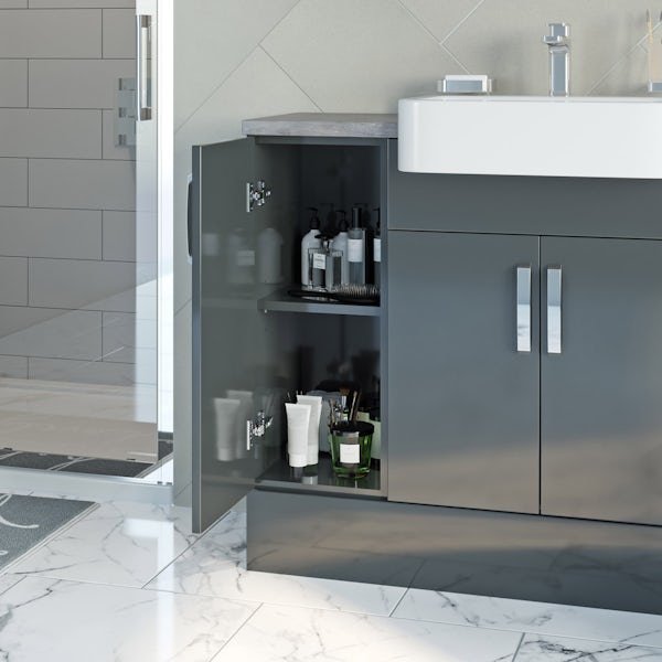 Mode Nouvel gloss grey small fitted furniture combination with white marble worktop
