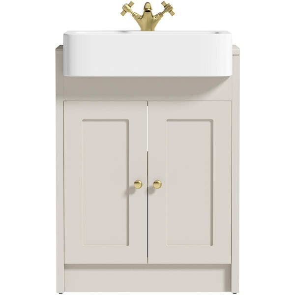 Orchard Dulwich stone ivory floorstanding vanity unit and semi recessed basin 600mm - brushed brass