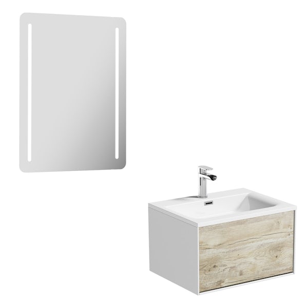 Mode Burton white & rustic oak wall hung vanity unit 600mm & LED mirror offer