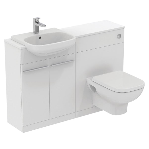 Ideal Standard i.life A matt white combination unit with wall hung toilet, concealed cistern and brushed chrome handles 1200mm