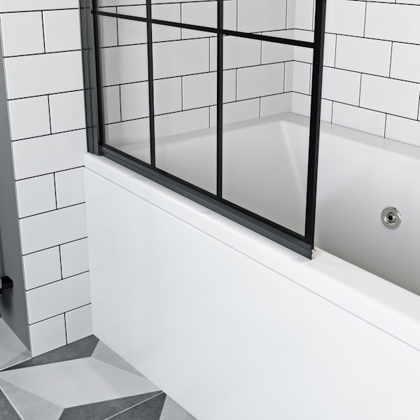 Orchard straight edged shower bath with black framed screen, front and end panel