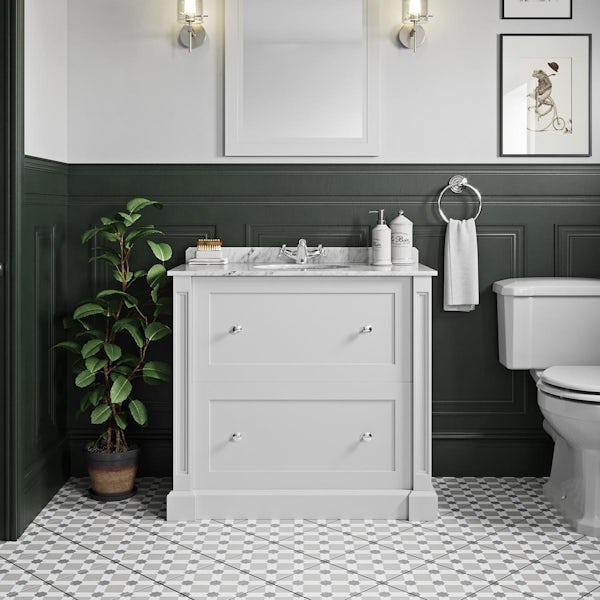 The Bath Co. Burghley matt white floorstanding vanity unit and white marble basin 900mm