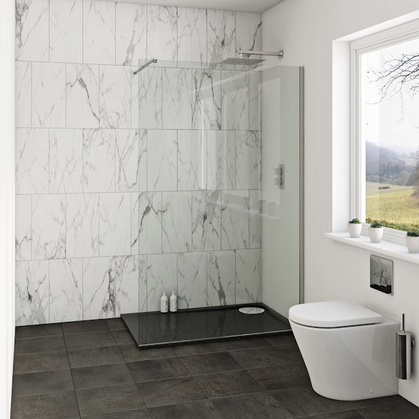 Mode luxury 8mm wet room glass panel 1200mm with left handed black tray 1200 x 800