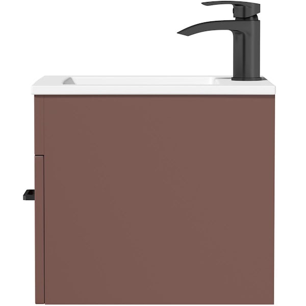 Orchard Lea tuscan red wall hung vanity unit with black handle and ceramic basin 420mm