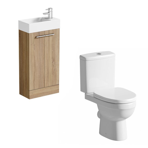 Clarity Compact oak cloakroom suite with contemporary close coupled toilet