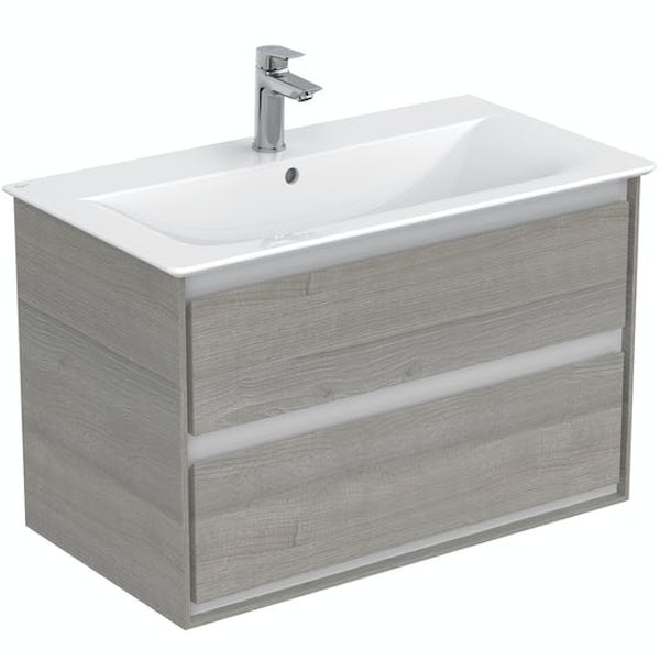 Ideal Standard Concept Air wood light grey and matt white wall hung vanity unit and basin 800mm with free tap