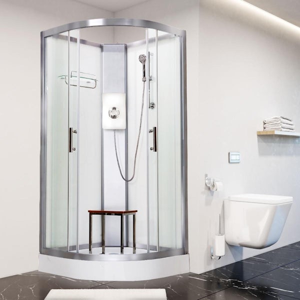 Vidalux Pure E quadrant electric shower cabin with white back panels and shower