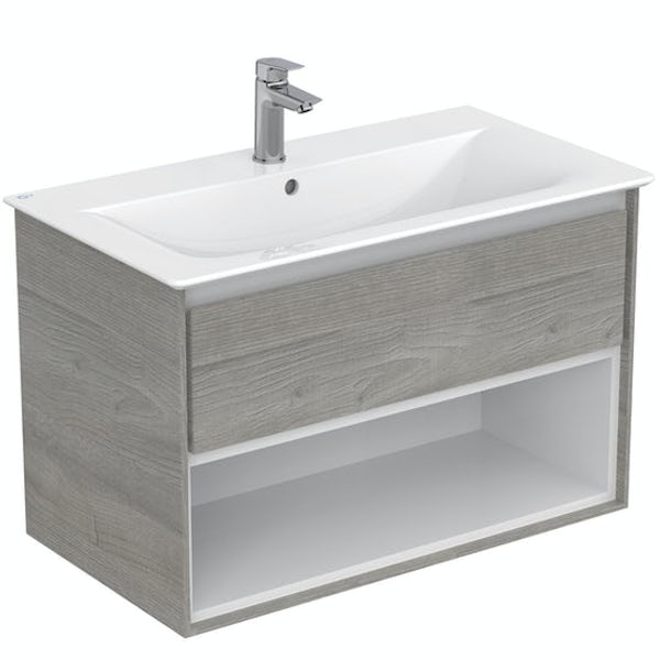 Ideal Standard Concept Air wood light grey and matt white open wall hung vanity unit and basin 800mm with free tap