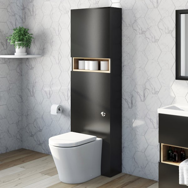 Mode Tate anthracite black & oak tall back to wall unit with contemporary toilet and seat