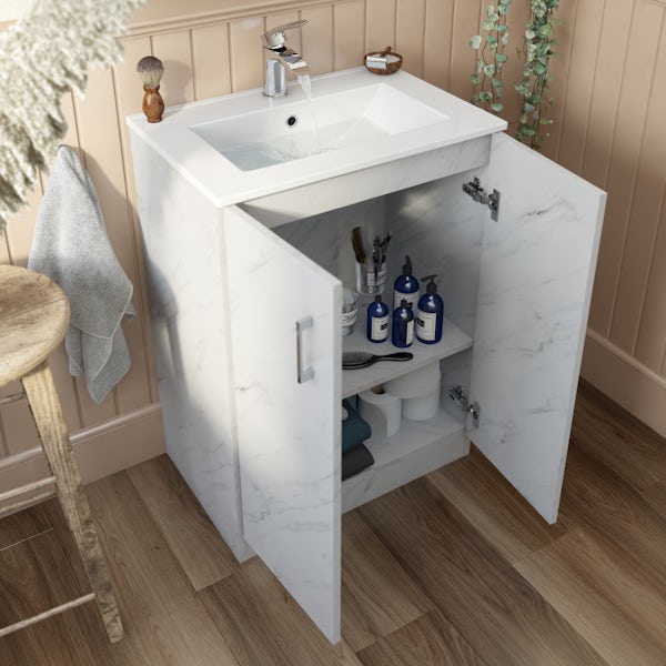 Orchard Lea marble floorstanding vanity unit 600mm and Derwent square close coupled toilet suite