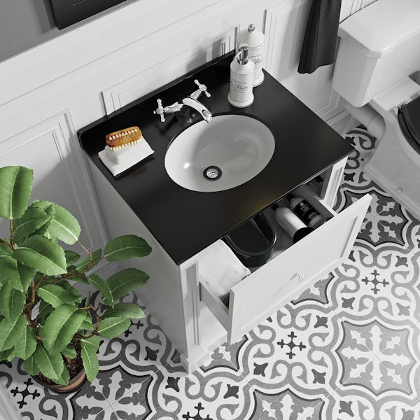 The Bath Co. Burghley matt white floorstanding vanity unit and black marble basin 650mm with tap