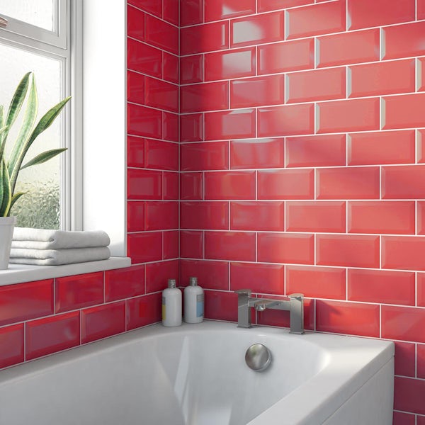Calcolo Deep Metro red bevelled gloss wall tile 100mm x 200mm