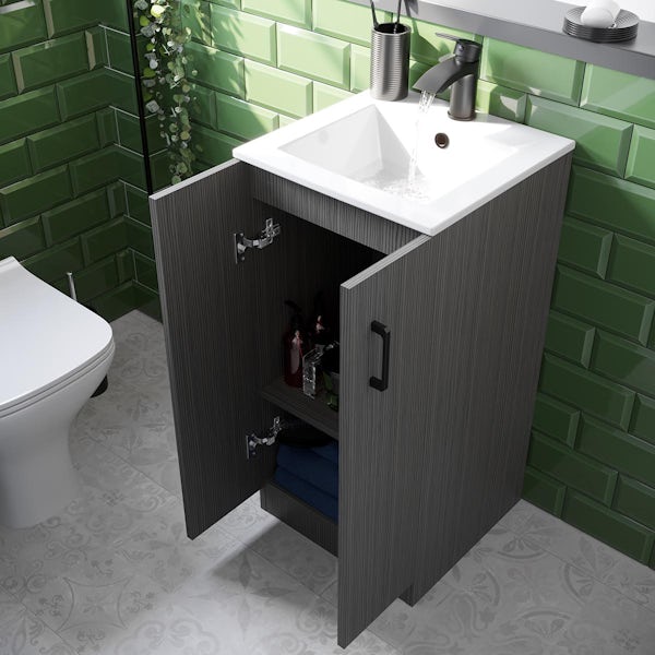 Orchard Lea avola grey floorstanding vanity unit with black handle and ceramic basin 420mm