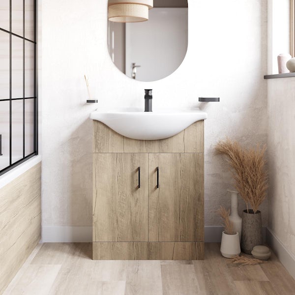 Orchard Lea oak floorstanding vanity unit with black handle and ceramic basin 650mm