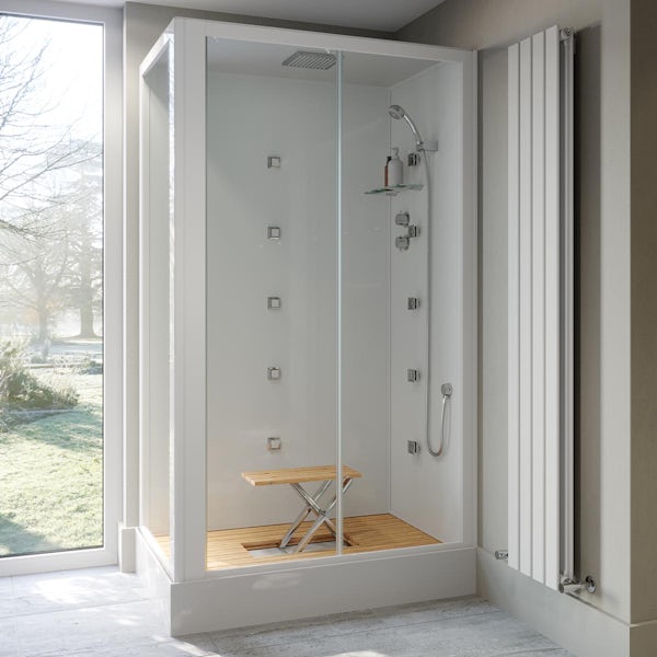 Mode rectangular white glass backed hydro massage shower cabin with wood effect floor and seat 1200 x 800