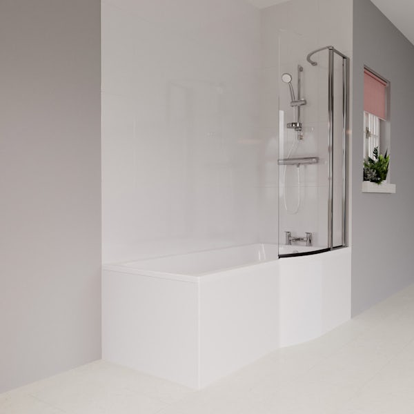 Ideal Standard Concept Air complete right hand wood light grey and Idealform Plus shower bath suite 1700 x 800
