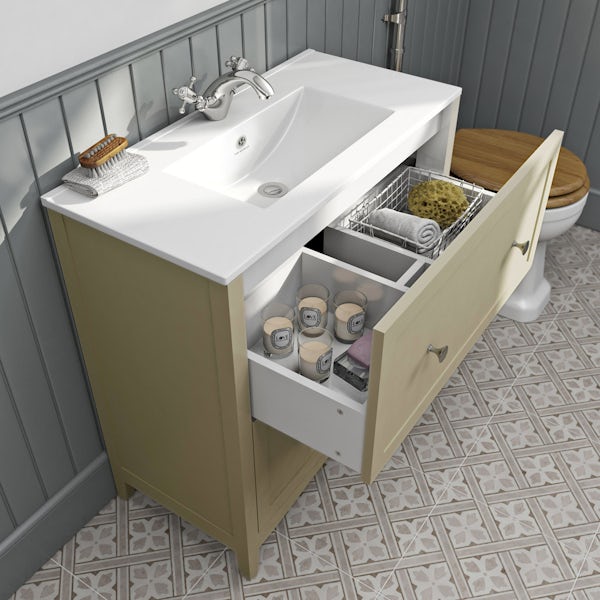 The Bath Co. Camberley satin ivory floor drawer unit with basin 800mm with mirror cabinet