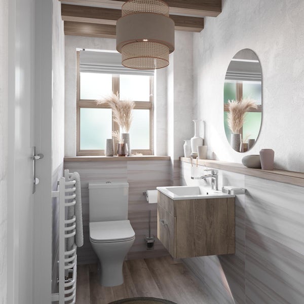 Orchard Lea oak wall hung vanity unit 420mm and Derwent square close coupled toilet suite