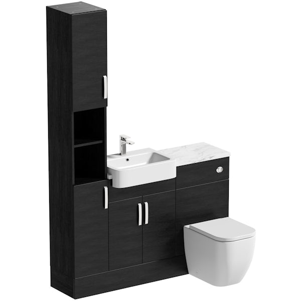 Reeves Nouvel quadro black tall fitted furniture combination with white marble worktop