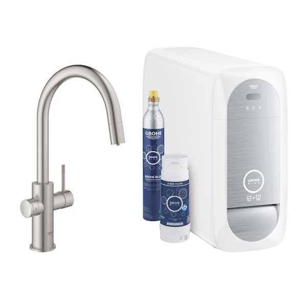Grohe Blue Home Duo Supersteel C spout kitchen tap starter kit with pull-out spray