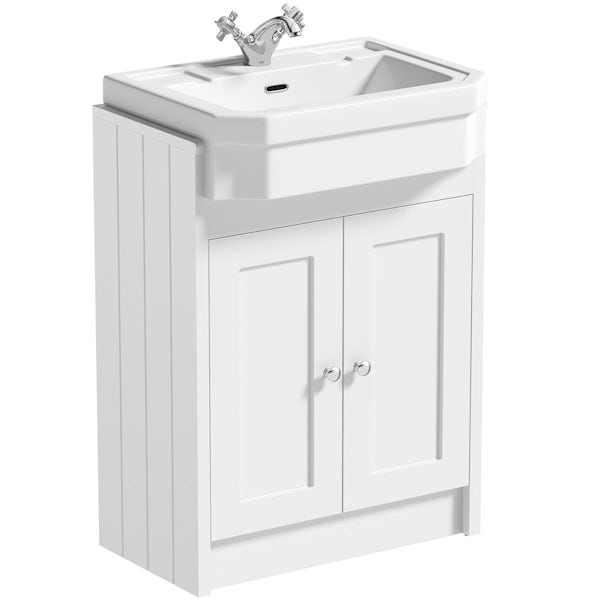 Orchard Dulwich matt white floorstanding vanity unit and Eton semi recessed basin 600mm with tap