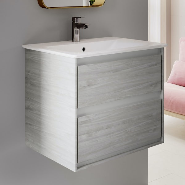 Ideal Standard Concept Air complete wood light grey furniture and right hand shower bath suite 1700 x 800