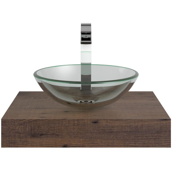 Mode Orion chestnut countertop shelf with Mackintosh basin, tap and waste