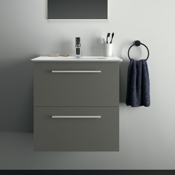 Ideal Standard i.life A quartz grey matt wall hung vanity unit with 2 drawers and brushed chrome handles 640mm