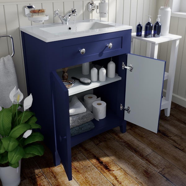 The Bath Co. Camberley close coupled toilet and navy vanity unit suite 600mm