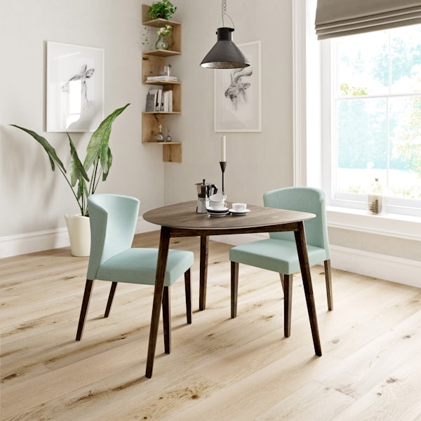Ernest walnut apartment table with 2 x Hudson light cyan dining chairs