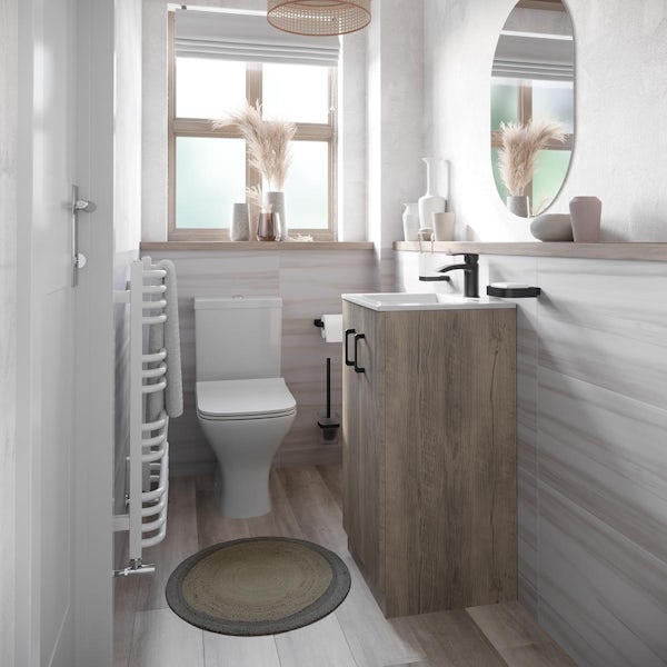 Orchard Lea oak floorstanding vanity unit with black handle 420mm and Derwent square close coupled toilet suite