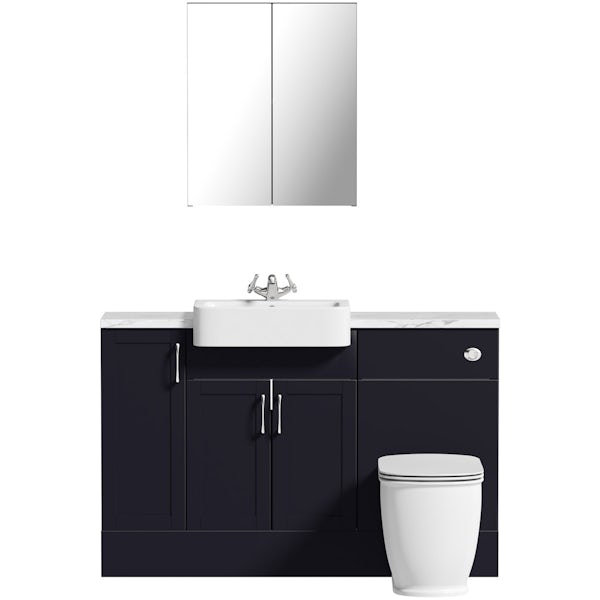 Reeves Newbury indigo small fitted furniture & mirror combination with white marble worktop